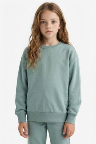 Kız Çocuk Relax Fit Bisiklet Yaka Basic Düz Okul Sweatshirt