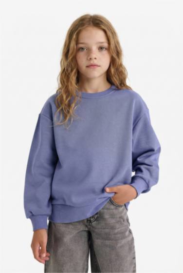 Kız Çocuk Relax Fit Bisiklet Yaka Basic Düz Okul Sweatshirt