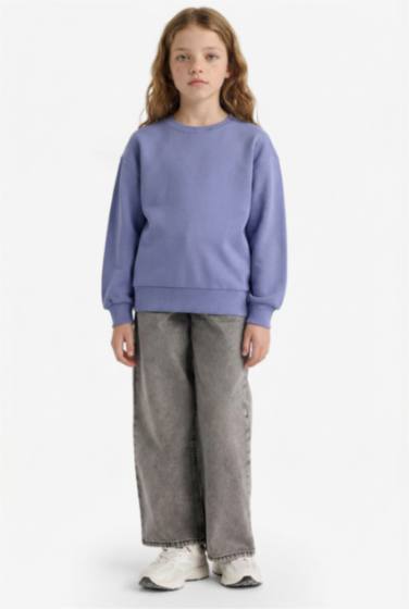 Kız Çocuk Relax Fit Bisiklet Yaka Basic Düz Okul Sweatshirt