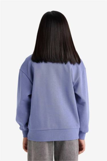 Kız Çocuk Relax Fit Bisiklet Yaka Basic Düz Okul Sweatshirt