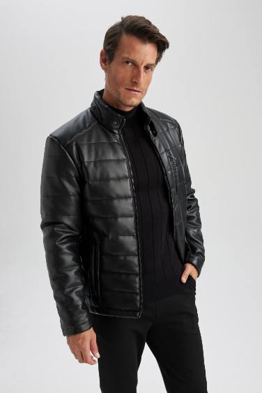 Slim Fit Stand Collar Lined Faux Leather Jacket