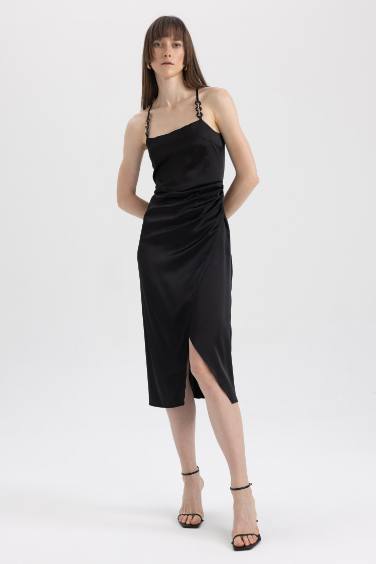 Square Neck Satin Sleeveless Midi Dress