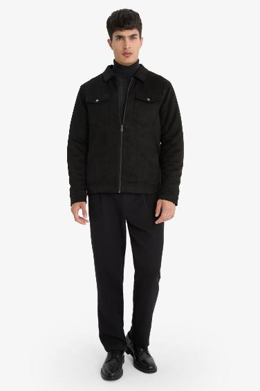 Slim Fit Shirt Collar Zippered Suede Jacket