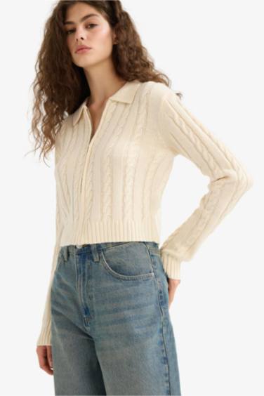 Regular Fit Polo Collar Zippered Knit Cardigan