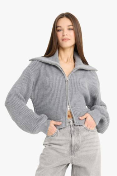 Cardigan en tricot slim zippé à col polo