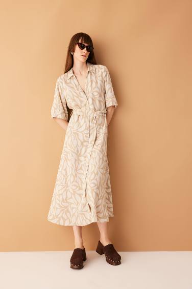 Shirt Collar Patterned Short Sleeve Linen Blend Midi Dress