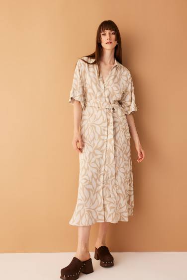 Shirt Collar Patterned Short Sleeve Linen Blend Midi Dress