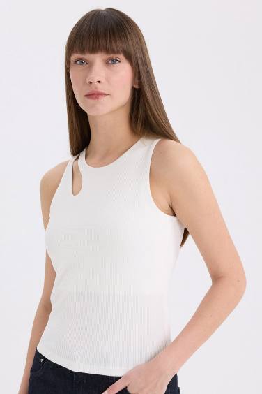 Slim Fit Crew Neck Ribbed Camisole White Tank Top