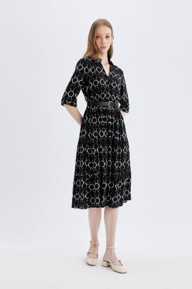 Shirt Collar Floral Half Sleeve Midi Dress