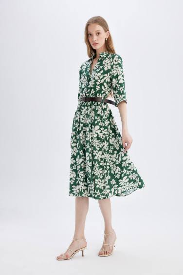 Shirt Collar Half Sleeve Floral Midi Dress