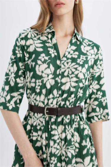 Shirt Collar Half Sleeve Floral Midi Dress