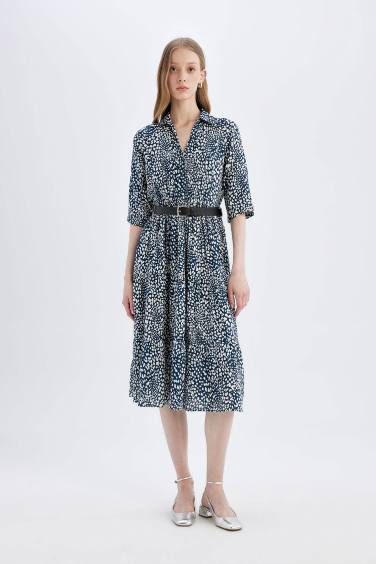 Shirt Collar Floral Half Sleeve Midi Dress