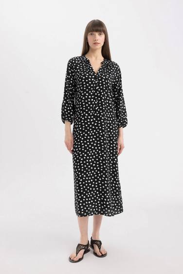 Grandad Collar Printed Raglan Sleeves Midi Dress