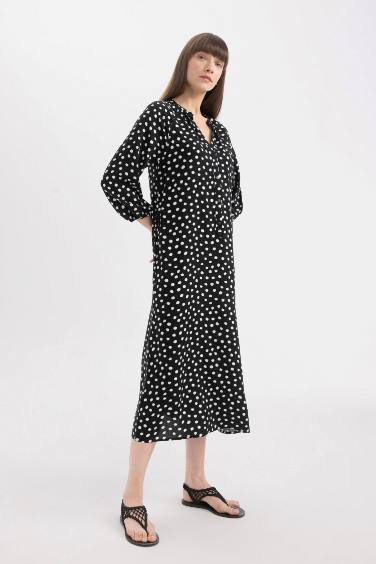 Grandad Collar Printed Raglan Sleeves Midi Dress