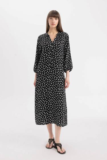 Grandad Collar Printed Raglan Sleeves Midi Dress