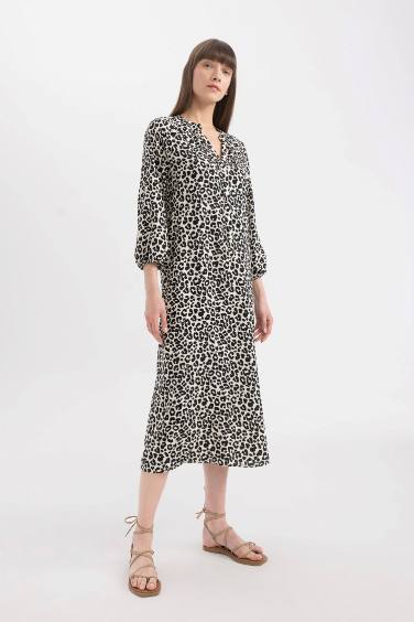Grandad Collar Printed Raglan Sleeves Midi Dress
