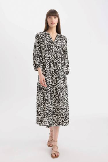 Grandad Collar Printed Raglan Sleeves Midi Dress