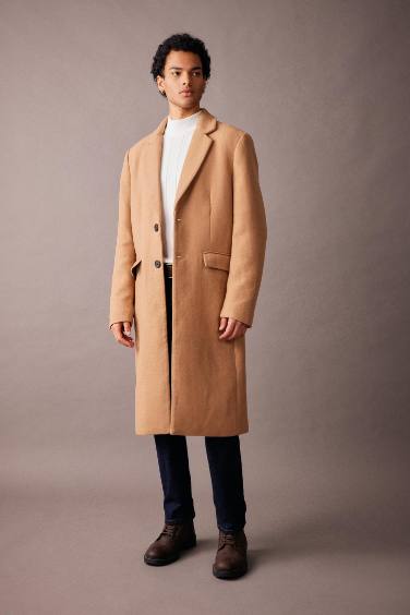 Slim Fit Dar Kesim Astarlı Düğmeli Cepli Kaşe Kaban Parka