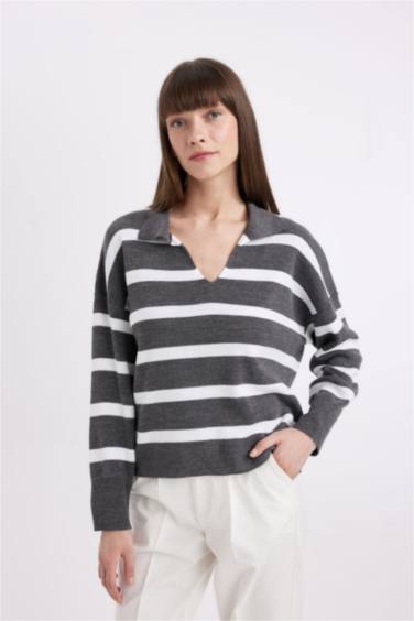 Relax Fit Polo Collar Striped Knitwear Pullover