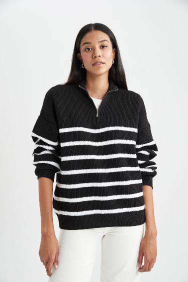 Regular Fit Striped Zippered Stand Collar Pullover