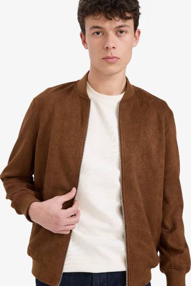 Slim Fit College Collar Zippered Suede Bomber Jacket