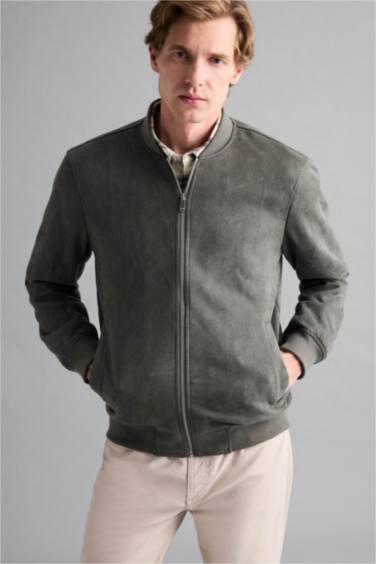 Slim Fit College Collar Zippered Suede Bomber Jacket