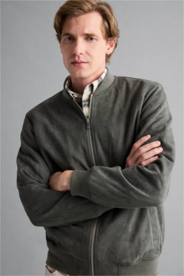 Slim Fit College Collar Zippered Suede Bomber Jacket