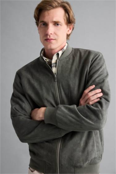 Slim Fit College Collar Zippered Suede Bomber Jacket