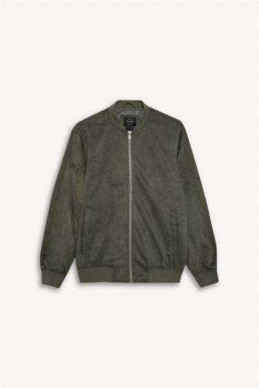 Slim Fit College Collar Zippered Suede Bomber Jacket