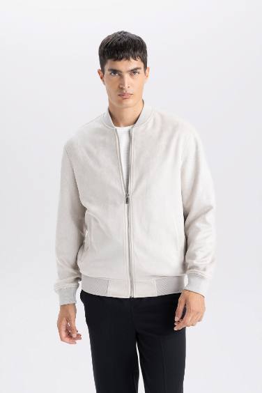 Slim Fit Dar Kesim Süet Kolej Yaka Fermuarlı Çift Cepli Mevsimlik Baharlık Bomber Mont Ceket