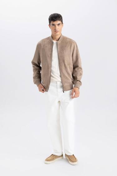 Slim Fit Dar Kesim Süet Kolej Yaka Fermuarlı Çift Cepli Mevsimlik Baharlık Bomber Mont Ceket