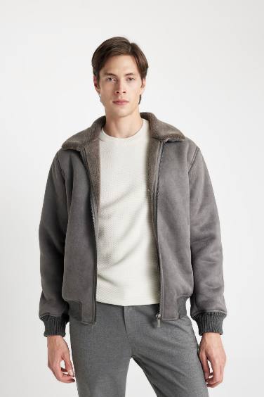 Slim Fit Dar Kesim Kürklü Polo Yaka Astarlı Fermuarlı Cepli Süet Mont