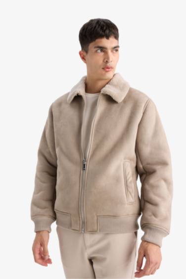 Slim Fit Shearling Polo Collar Lined Suede Jacket