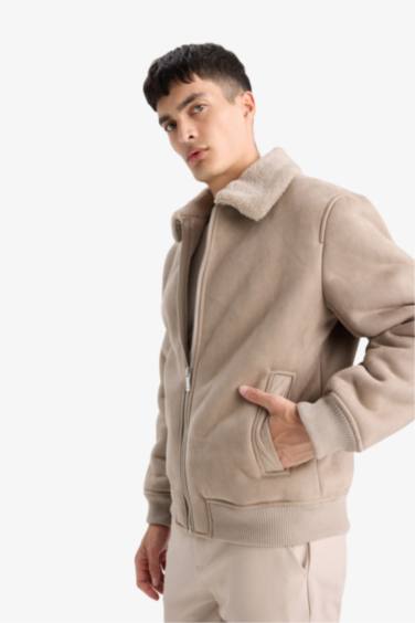 Slim Fit Shearling Polo Collar Lined Suede Jacket