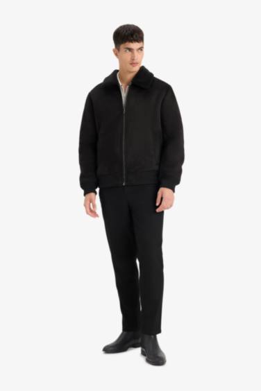 Slim Fit Shearling Polo Collar Lined Suede Jacket