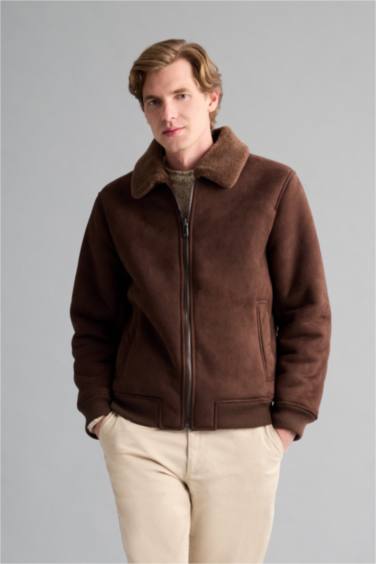 Slim Fit Shearling Polo Collar Lined Suede Jacket