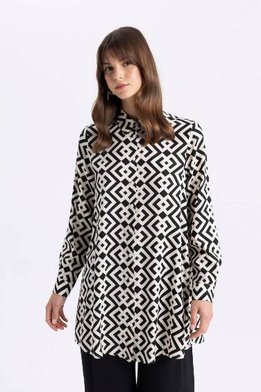 Regular Fit Shirt Collar Printed Long Sleeve Tunic