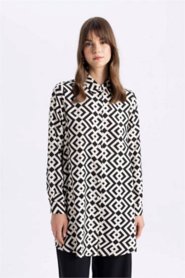 Regular Fit Shirt Collar Printed Long Sleeve Tunic