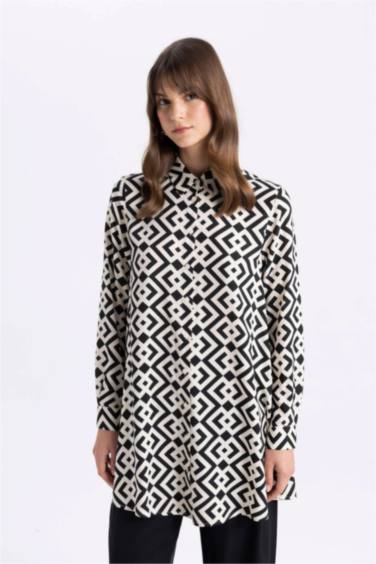 Regular Fit Shirt Collar Printed Long Sleeve Tunic