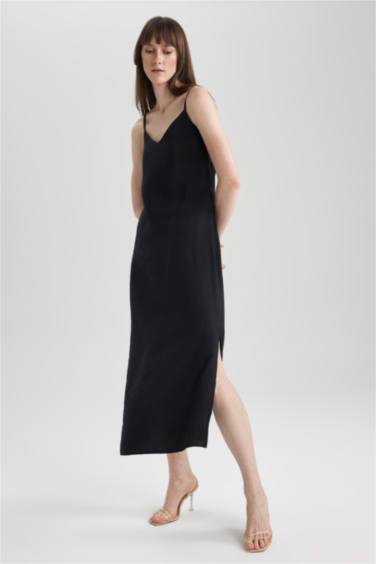 Bodycon V-Neck Modal Midi Slit Strap Dress