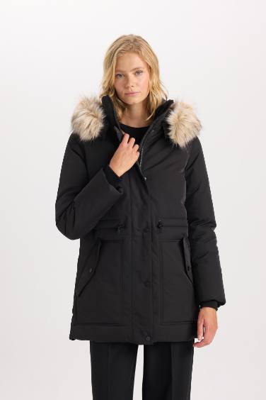 Su Geçirmez Şişme Mont Parka Oversize Geniş Kalıp Çıkarılabilir Suni Kürk Kapüşonlu Fermuarlı Çıtçıtlı Cepli