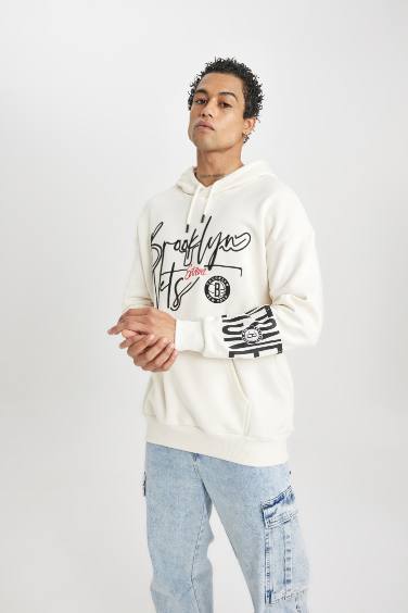 DeFactoFit NBA Brooklyn Nets Oversize Fit Kapüşonlu Kalın Sweatshirt