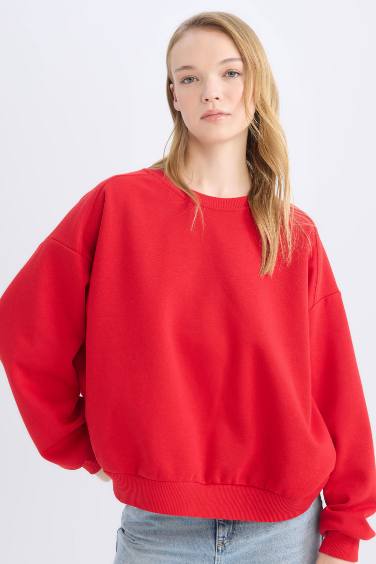 Coool Oversize Geniş Kalıp Bisiklet Yaka Kalın Basic Düz Sweatshirt