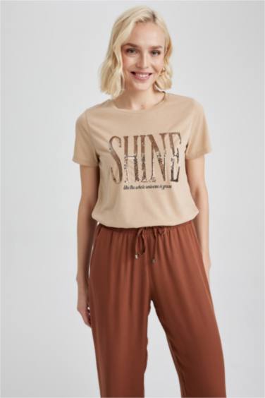 Regular Fit Bisiklet Yaka Baskılı Kısa Kollu Tişört