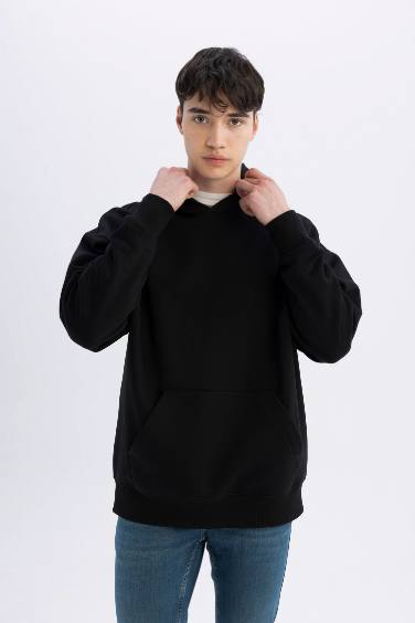 Siyah Oversize Fit Geniş Kalıp Kapüşonlu Kanguru Cepli Basic Düz Sweatshirt