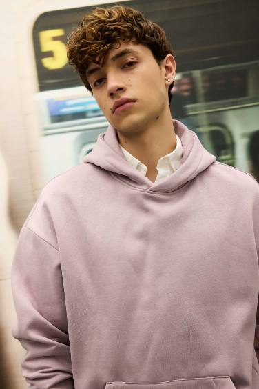 Oversize Geniş Kalıp Kapüşonlu Kanguru Cepli Basic Düz Sweatshirt