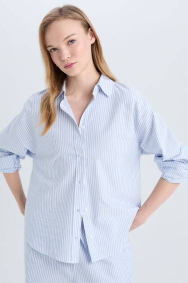 Oversize Fit Shirt Collar Oxford Striped Long Sleeve Shirt