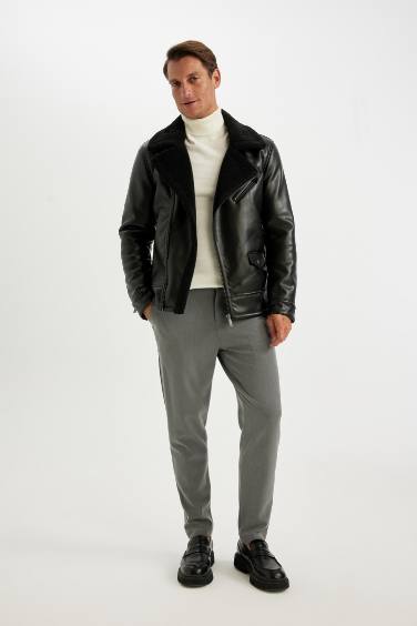 Su İtici Slim Fit Dar Kesim Astarlı Fermuarlı Cepli Kürk Yakalı Suni Deri Ceket Mont