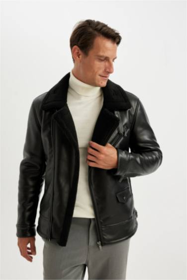 Su İtici Slim Fit Dar Kesim Astarlı Fermuarlı Cepli Kürk Yakalı Suni Deri Ceket Mont