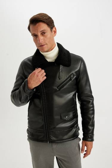 Su İtici Slim Fit Dar Kesim Astarlı Fermuarlı Cepli Kürk Yakalı Suni Deri Ceket Mont